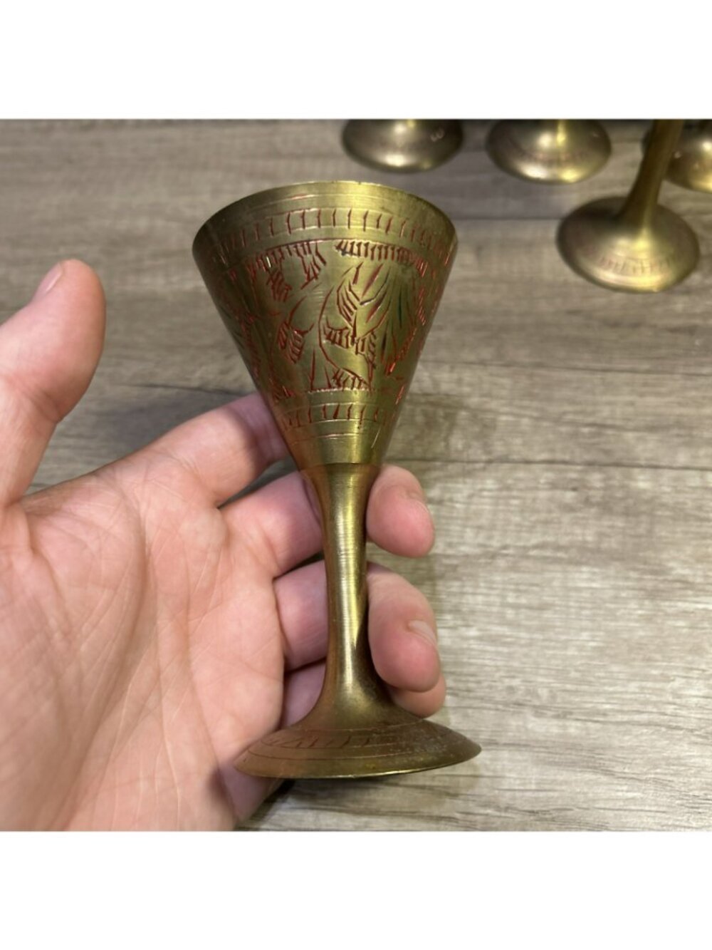 Set Of 5 Brass Goblets Hand-Etched Decorative Red Detailing Vintage Drinkware - Picture 2 of 9